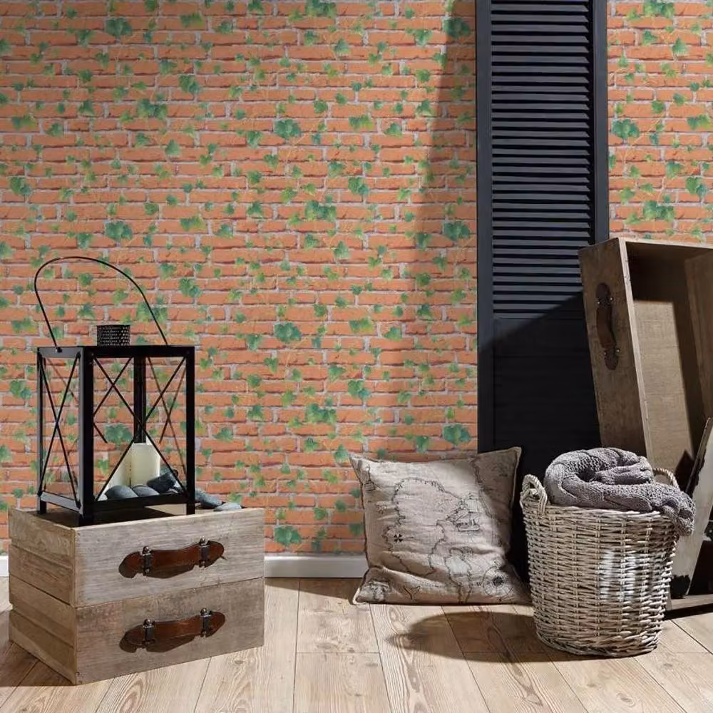 A.S. Création Ivy Brick Design Botanical Floral Wallpaper in Red, Green and Grey – 2