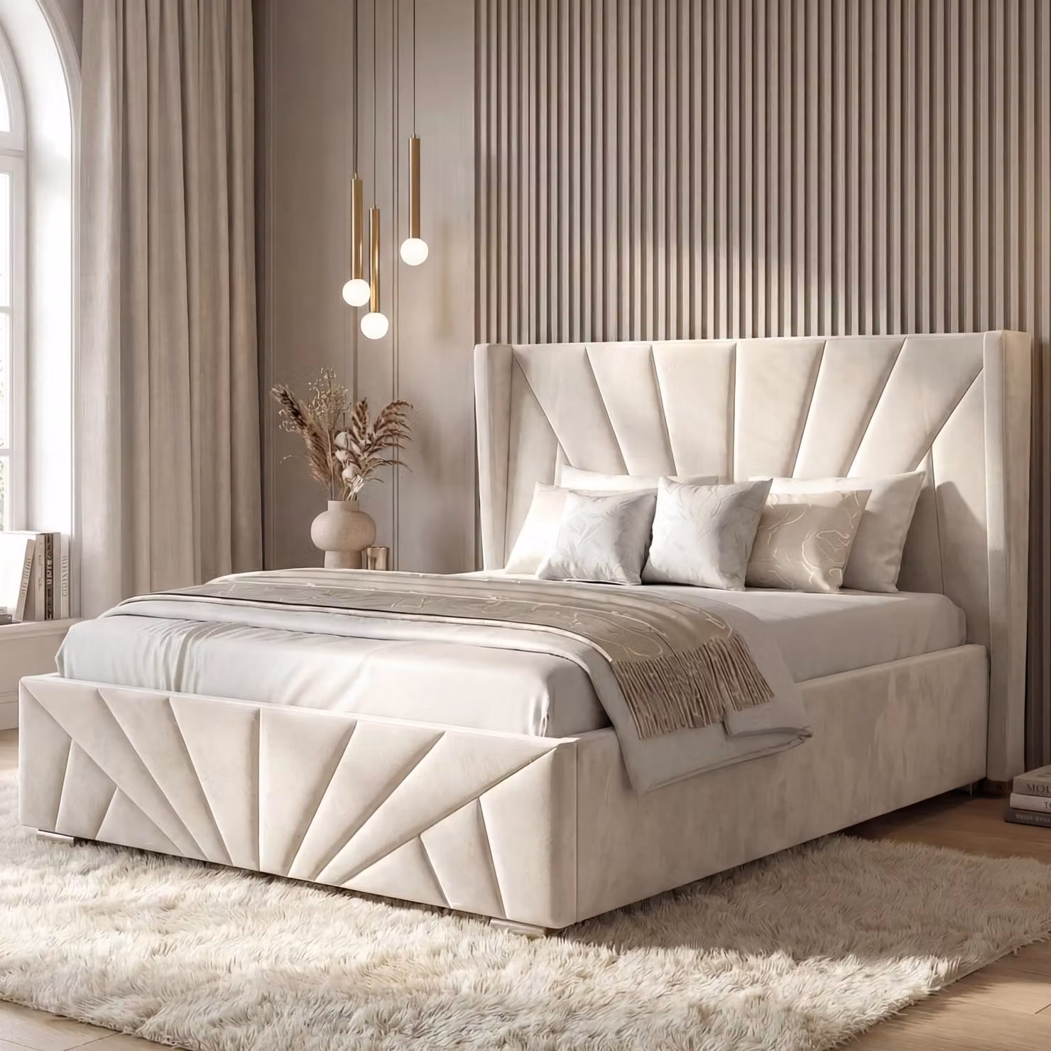 DHS Sunrise Velvet Ottoman Storage Bed Frame in Beige, W/D/H: 120 x 200 cm