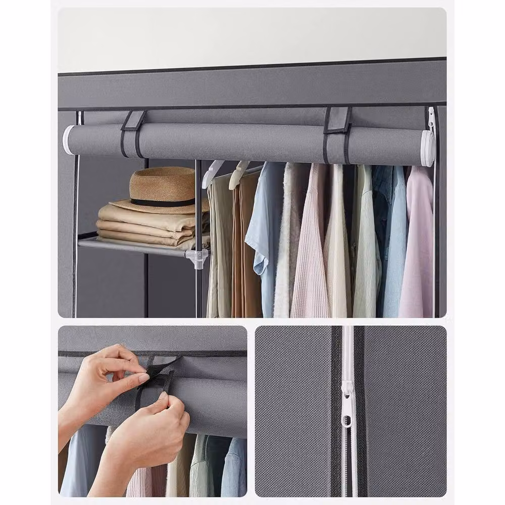 The Bazaarist Fabric Wardrobe with Hanging Rail and Internal Shelves, Grey, W/D/H: 168.0 x 105.0 x 40.0 cm – 3