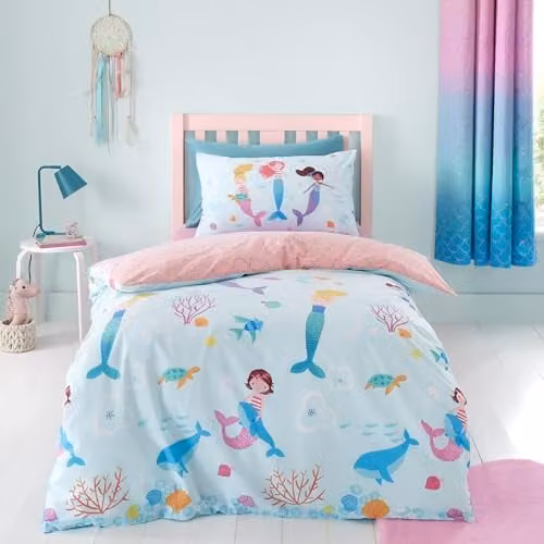 Catherine Lansfield Mermaid Reversible Single Duvet Cover and Pillowcase Set, Blue, Duvet Cover: 135 x 200 cm, Pillowcase: 50 x 75 cm