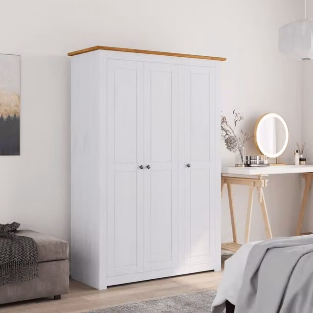 Berkfield Home Panama 3-Door Pine Wardrobe in White, W/D/H: 118 x 50 x 171.5 cm