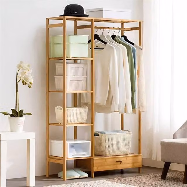 EONLION Wooden Clothes Rail Wardrobe with Drawer in Natural and Brown, W/D/H: 90 x 30 x 146.5 cm