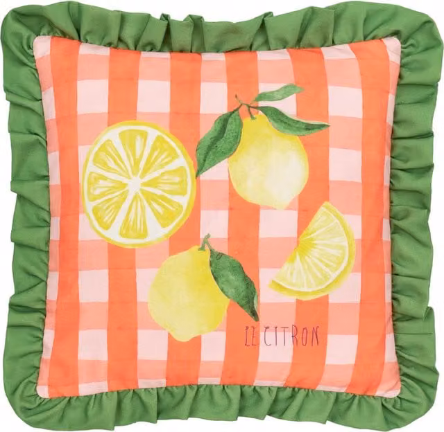 Make It A Home Gingham Citron Printed Ruffle Square Cushion in Green and Multicolour