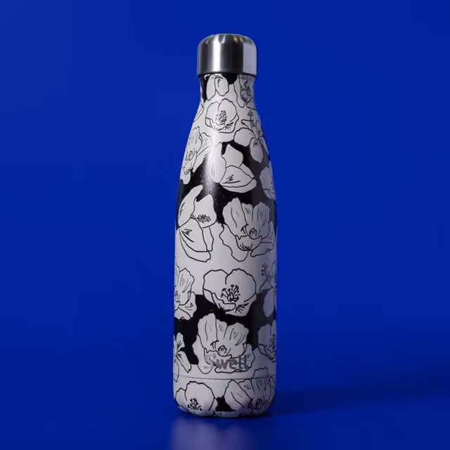 S'well Charcoal Bloom Vacuum Insulated Stainless Steel Water Bottle, Black and White, 500ml