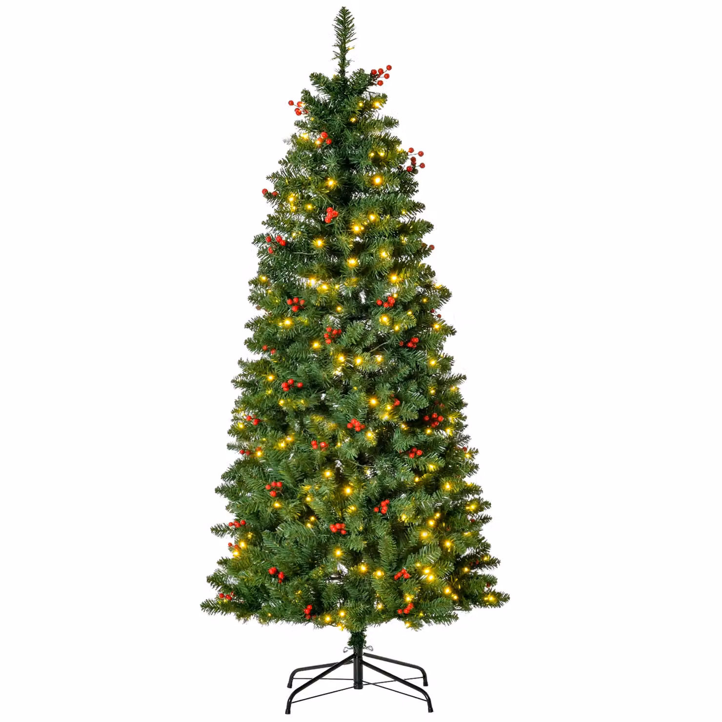 HOMCOM 5ft Artificial Pencil Christmas Tree with LED Lights and Berry Decor in Green, Height: 152.4 cm – 2