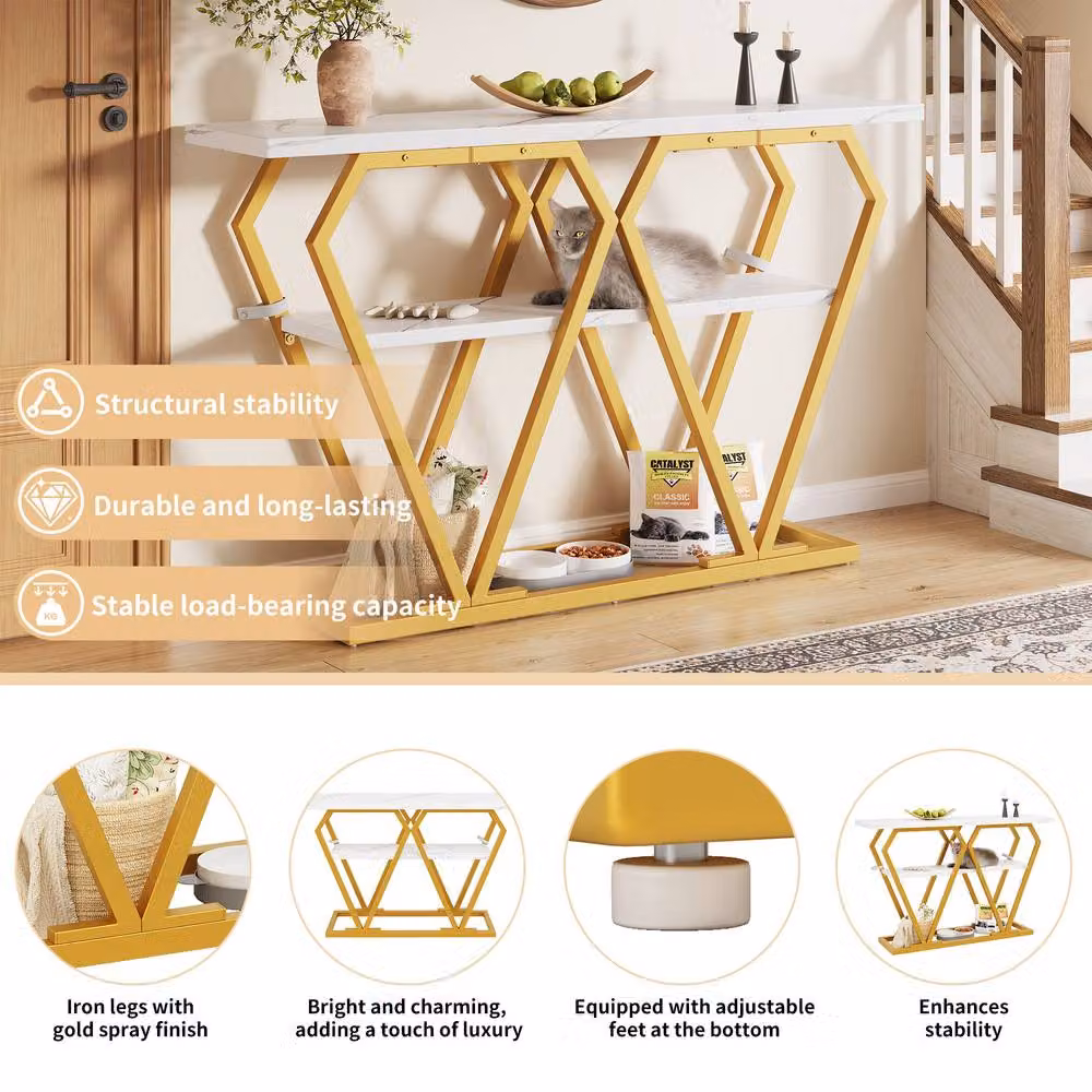 BTM Gold and White Marble-Look Console Table, W/D/H: 120 x 29.5 x 80 cm – 3