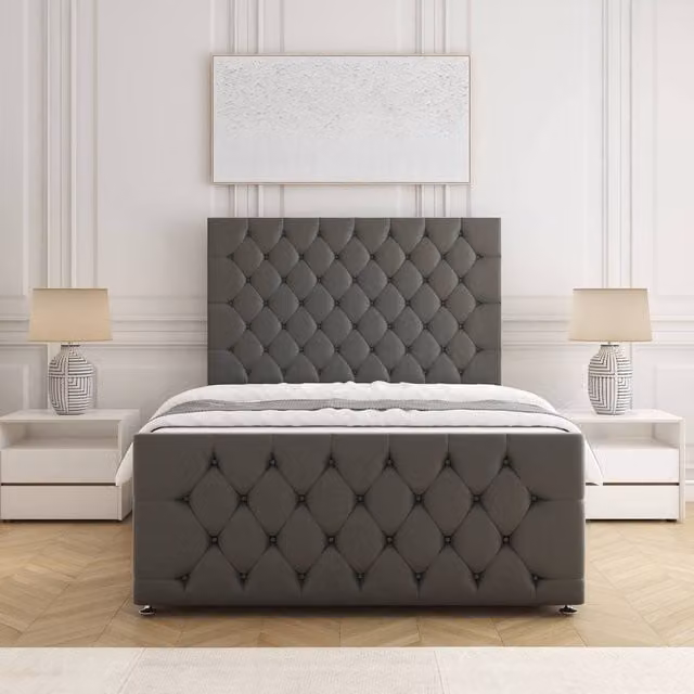 BSSPOKE Maya Plush Super King Divan Bed with Headboard, Footboard and Mattress in Grey Velvet Fabric, W/D/H: 200 x 137.16 x 200 cm