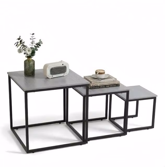 Alivio 3-Piece Industrial Nesting Coffee Table Set with Wood Tops and Black Metal Frame in Grey