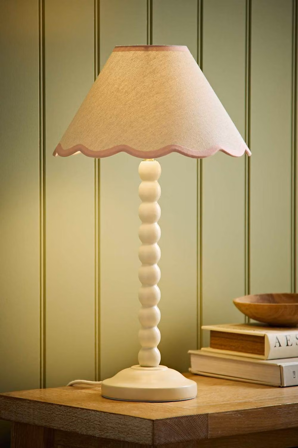 ValueLights Bobbin Cream Table Lamp with Baby Pink Trim Linen Shade and LED Bulb – 2