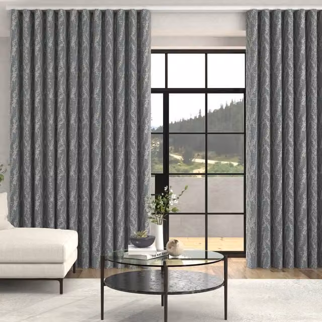 Terrys Grace Jacquard Floral Made To Measure Blackout Eyelet Curtains in Navy Blue and Grey
