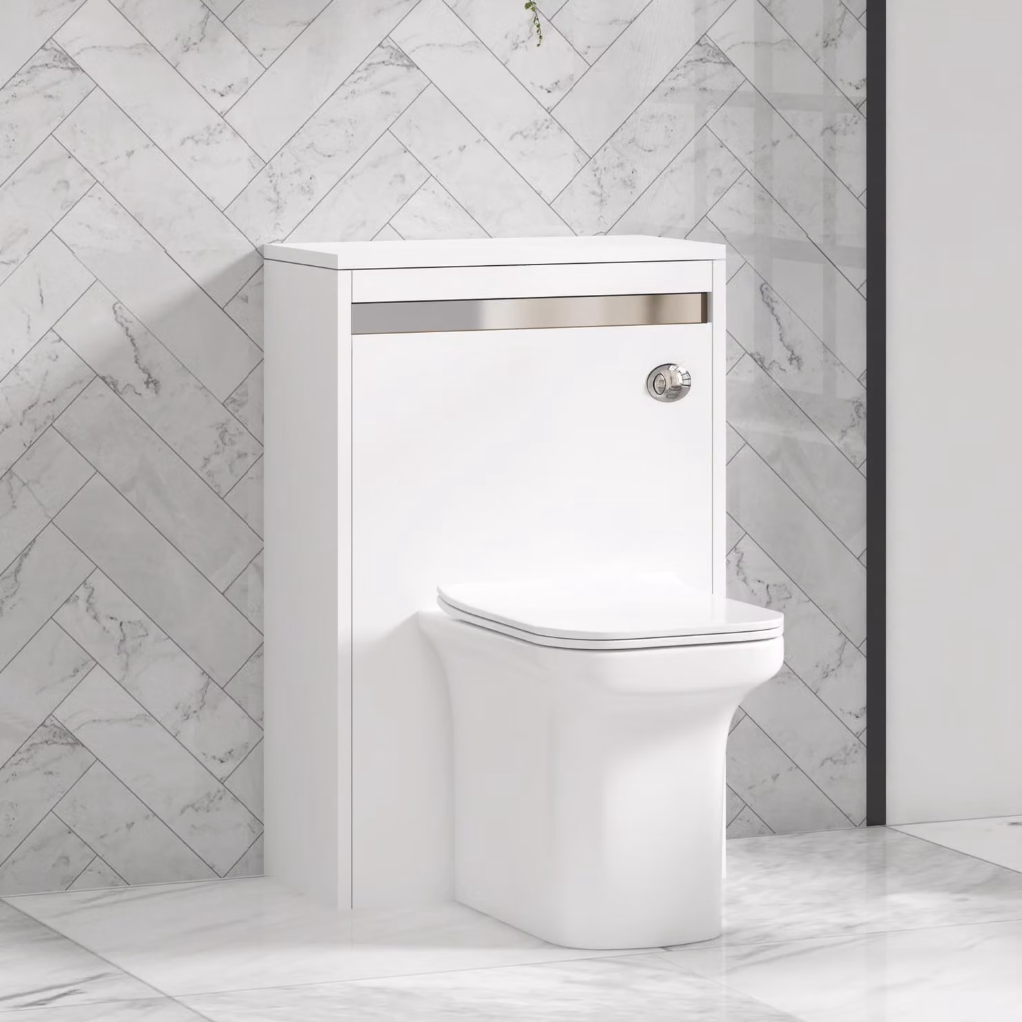 Royal Bathrooms Orion 540mm Matt White Back to Wall WC Unit with Crosby Rimless Ceramic Toilet Pan, Soft Close Seat and Cistern with Chrome Accent Trim