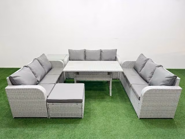 Fimous 10 Seater PE Rattan Outdoor Garden Furniture Set in Light Grey with Rectangular Dining Table, 3 Seater Sofa, Big Footstool and Side Table