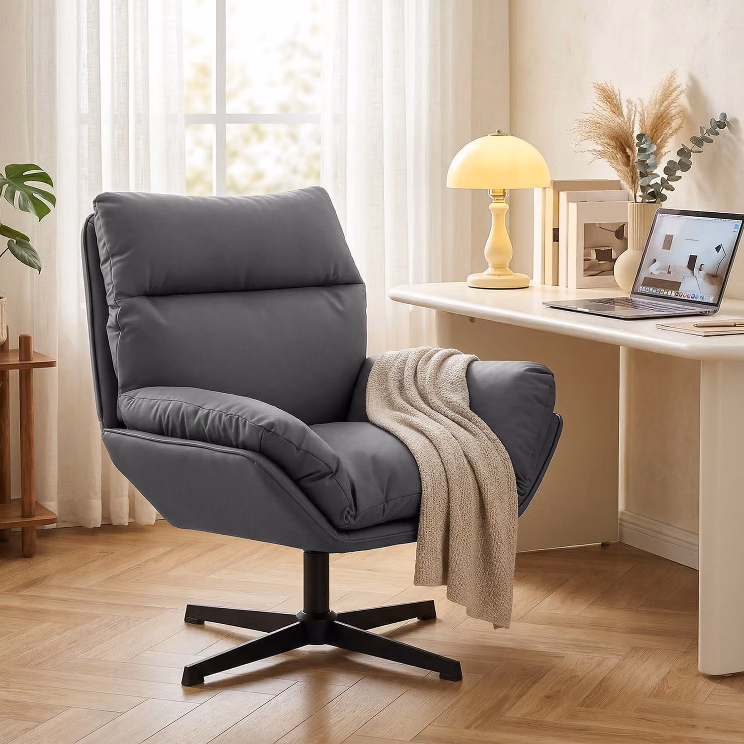 HOMCOM 360 Degree Swivel Accent Armchair with Padded Cushion in Dark Grey – 8