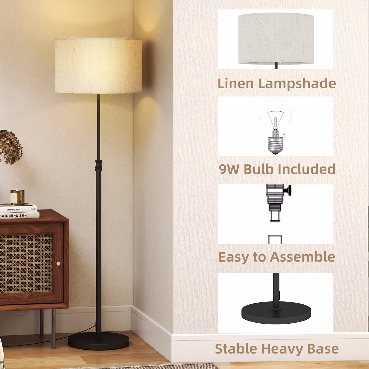 HOMCOM Black Dimmable Floor Lamp with Remote Control, Height Adjustable Standing Lamp with Fabric Shade and Foot Switch for Living Room, Bedroom or Office – 5