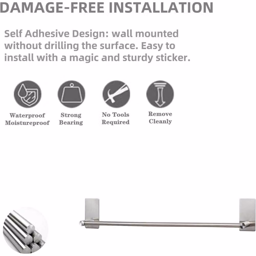 EONLION Adhesive No Drilling Stainless Steel Towel Holder Rail Bar in Silver, W: 180 cm, H: 180 cm – 2