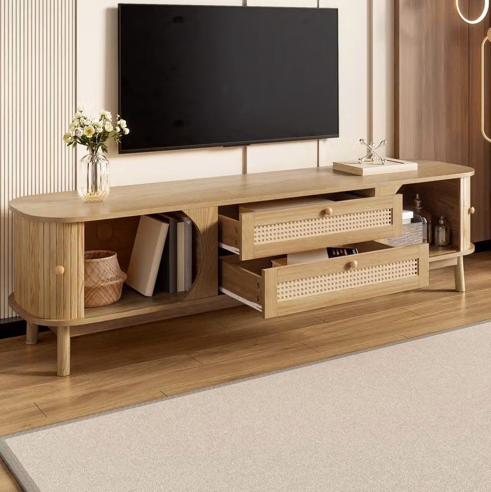 STILVORA Rustic TV Cabinet with Rattan Doors and Drawers in Natural Brown – 3