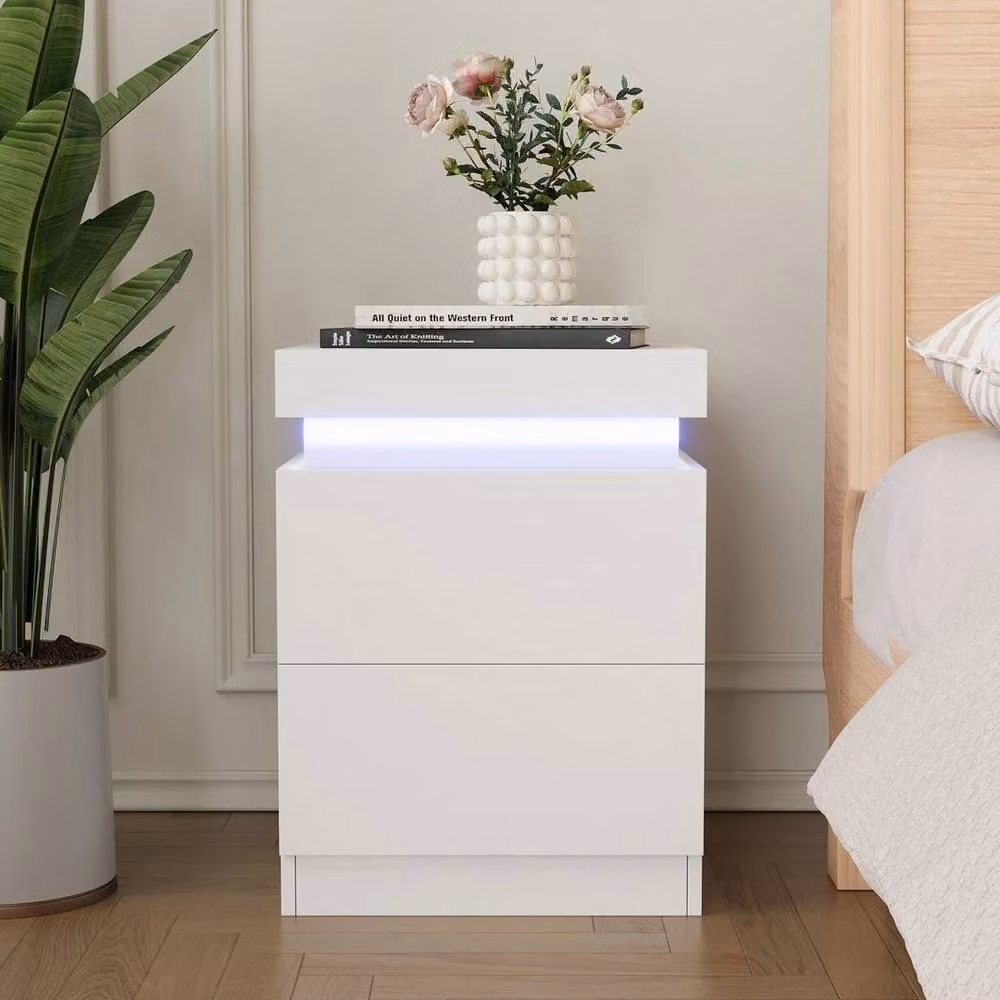 EONLION White 2-Drawer LED Light Bedside Table with Integrated Lighting, W: 100 cm, D: 60 cm, H: 100 cm – 3