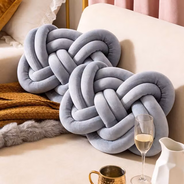 Livingandhome Set of 2 Plain Grey Plush Knot Cushions