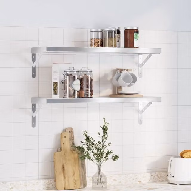 Berkfield Home Wall Mounted Silver Stainless Steel Shelves, 2 Pack, W: 75 cm, D: 23.5 cm