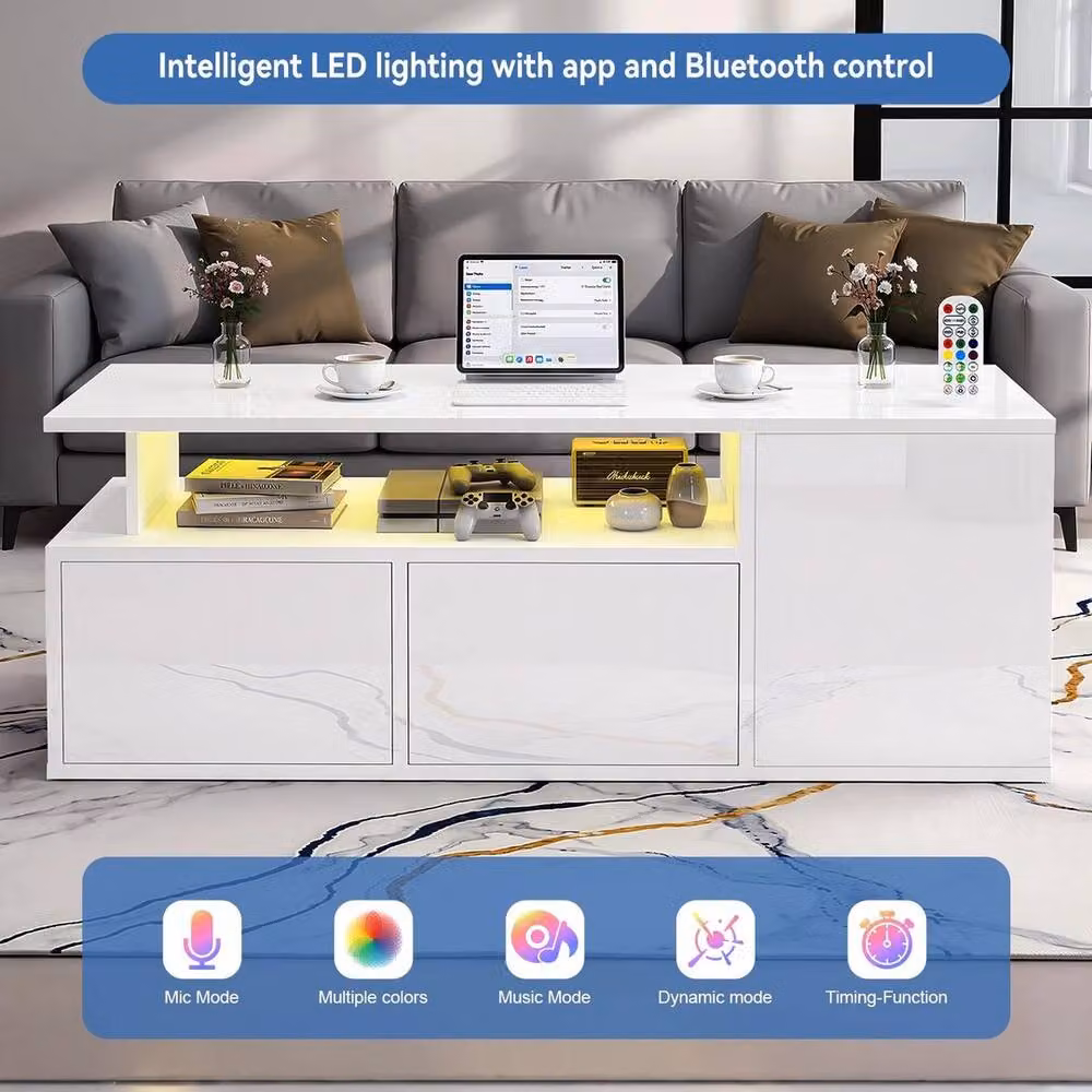 KORVIXA Modern High Gloss LED Coffee Table with 2 Push Latch Drawers in White – 3