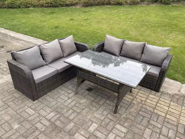 Fimous Dark Grey PE Rattan Garden Furniture Set with 3 Seater Sofa and 6 Seater Rectangular Dining Table