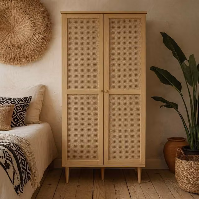 Wyld Haus Mallowmoss 2 Door Rattan and Wood Display Cabinet with Glass Doors in Beige