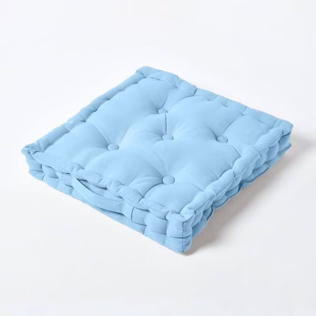 Homescapes Blue Cotton Square Floor Cushion, Height: 8 cm