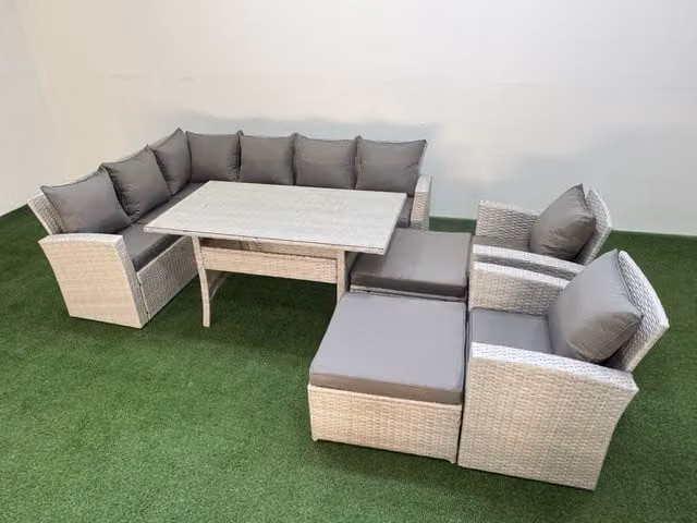 Fimous 10 Seater Rattan Garden Furniture Set with Table, 2 Chairs and Large Footstools in Light Grey