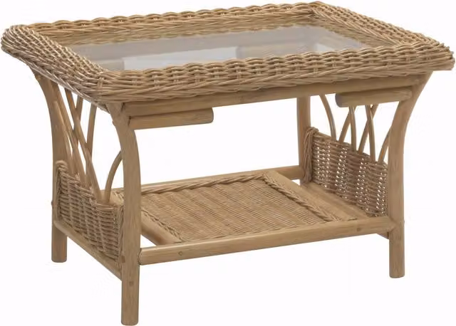 Viola Cane Coffee Table in Light Oak with Glass and Rattan Details