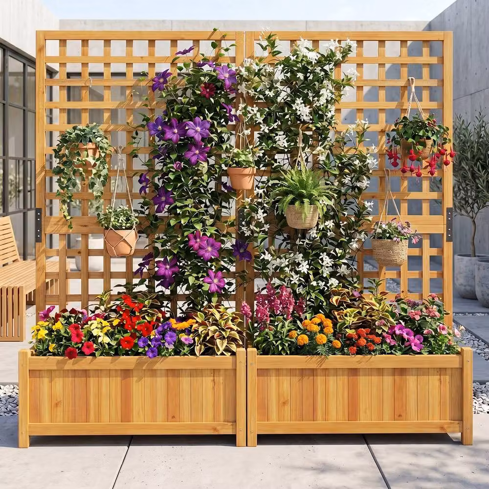 Costway Wooden Raised Garden Bed with Trellis and Drainage Holes, Orange, W/D/H: 143 x 66 x 32 cm – 9