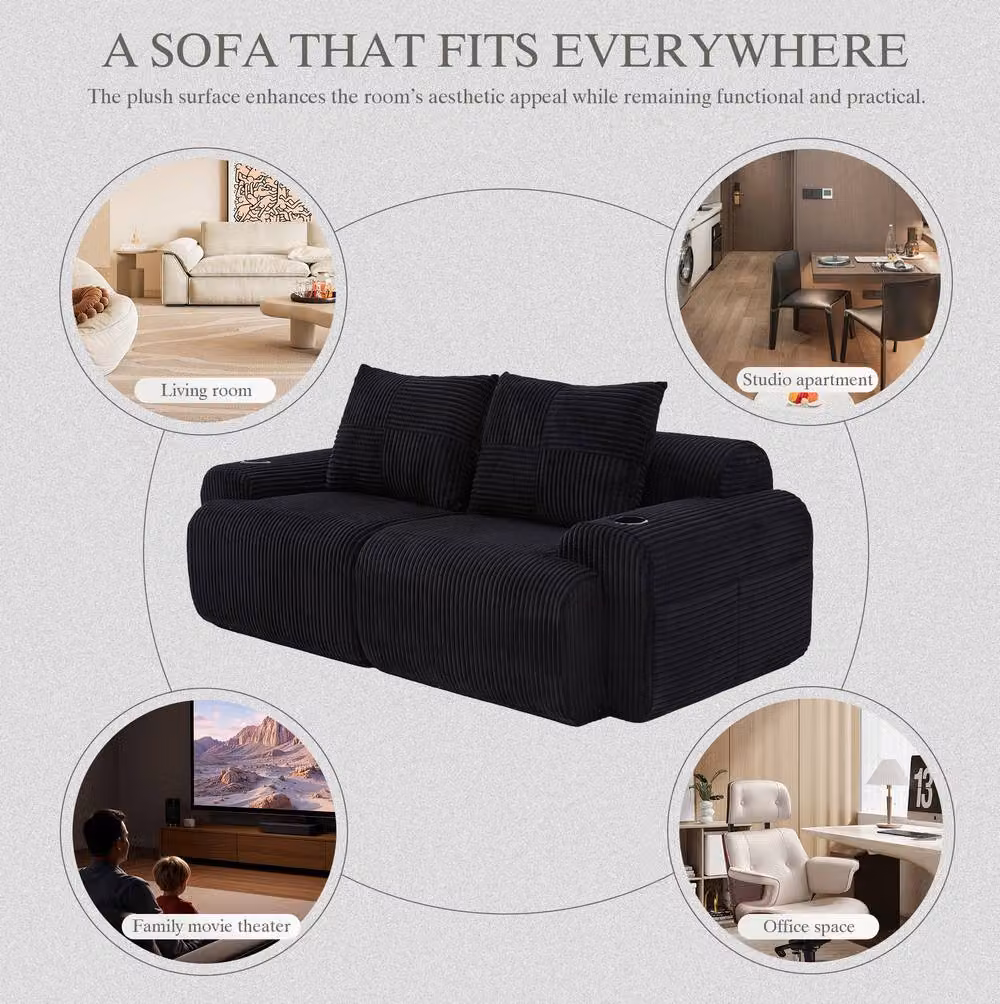 STILVORA 2-Seater Black Corduroy Upholstered Sofa with Cup Holder, W: 200 cm, D: 80 cm, H: 80 cm – 9