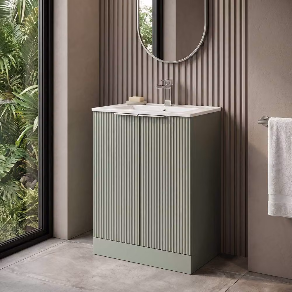 Balterley Tixall Fluted 2 Door Freestanding Vanity Basin Unit in Matt Satin Green, Width: 60 cm – 2
