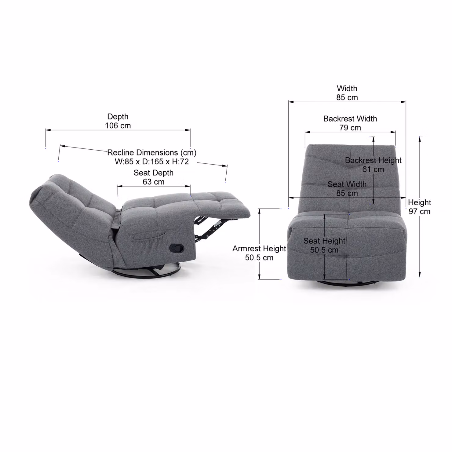 More4Homes Austin Grey Fabric Manual Swivel and Rocker Recliner Chair – 3