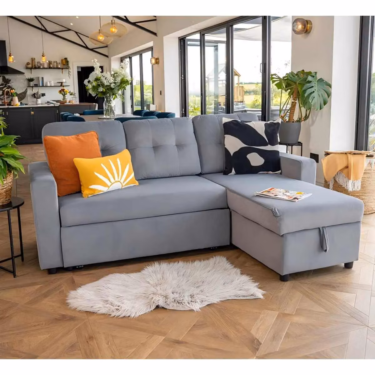 Furniture Maxi Avery Grey Velvet Reversible Corner Sofa Bed with Storage Chaise and Solid Wood Frame – 2