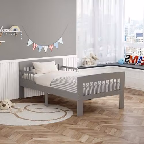 WestWood Solid Wood Montessori Junior Toddler Bed Frame with Safety Rail Guard, White or Grey, 90 x 190 cm – 2