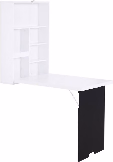 Rolipo White Wall-Mounted Drop Leaf Writing Desk with Chalkboard and Storage Shelf