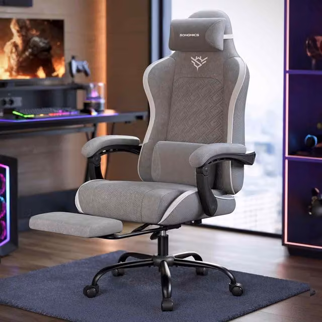 The Bazaarist Ergonomic Gaming Chair with Spring Cushion and Headrest in Dove Grey