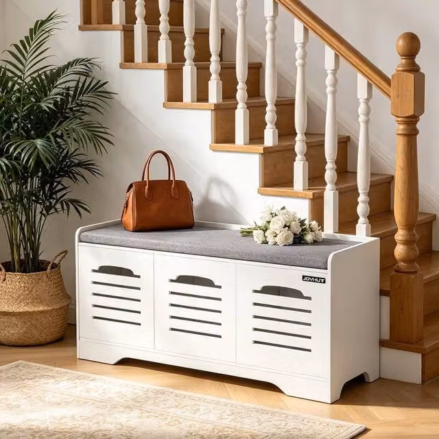 KORVIXA 3-Door Shoe Storage Bench with White Fabric Cushion Seat – 1