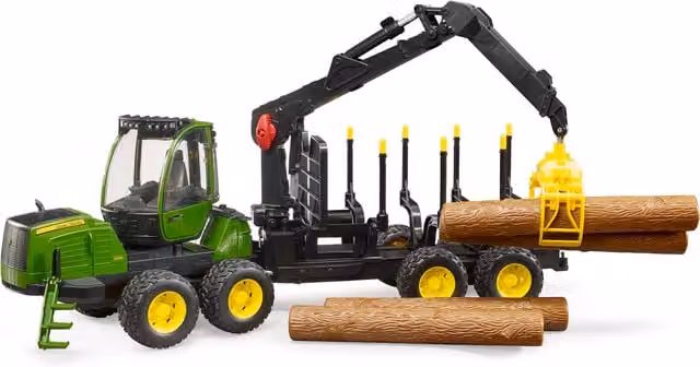 Bruder John Deere 1210E Forwarder Playset with Grab and 4 Trunks, Green, 1:16 Scale