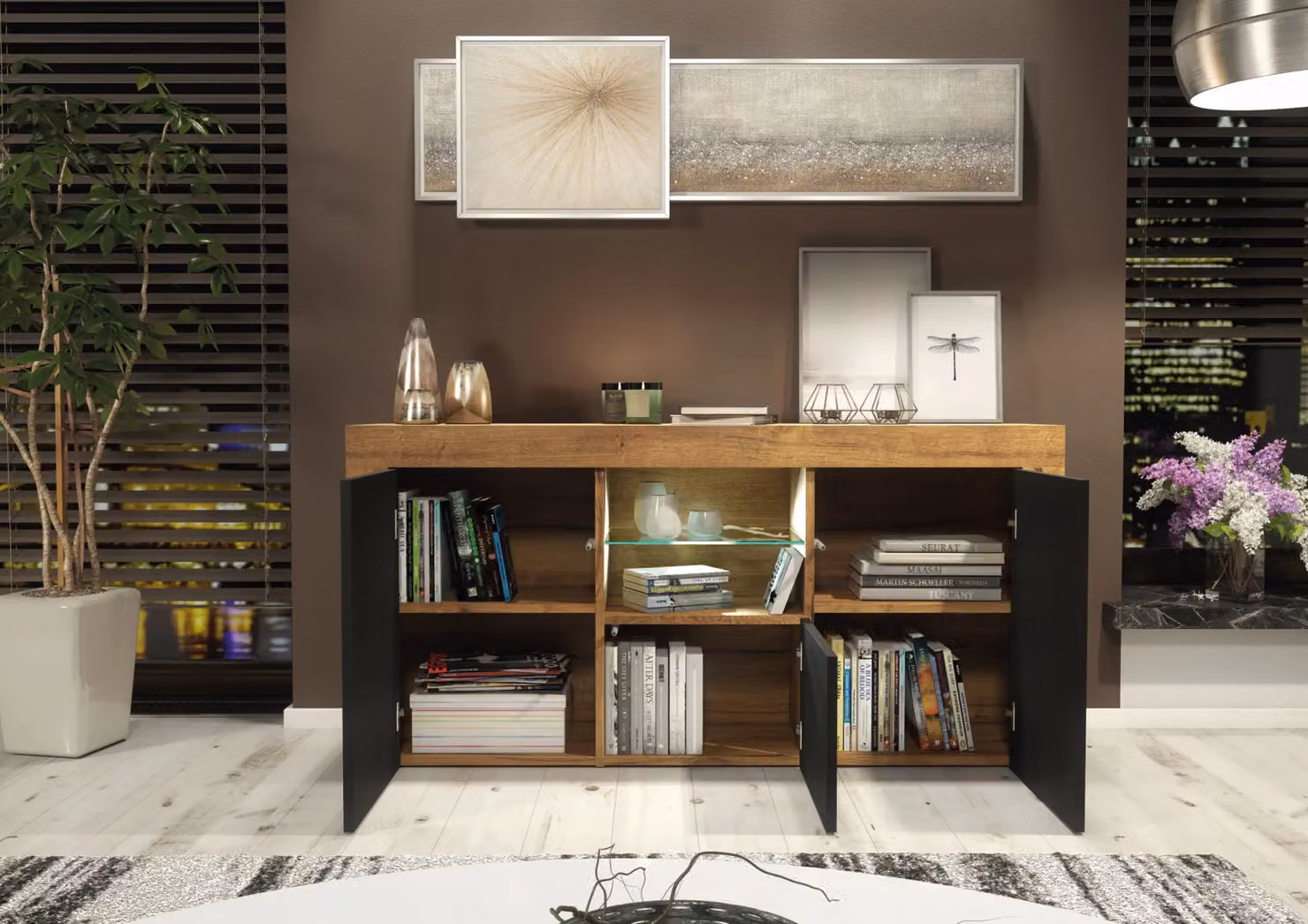 Creative Furniture Aurora Sideboard in Oak and Brown with Black Matt Glossy Doors and Integrated LED Lighting, W: 145 cm – 4