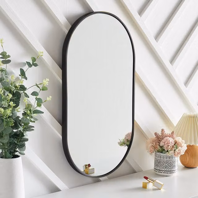 Livingandhome Minimalist Oval Glass Wall Mirror with Metal Frame in Black