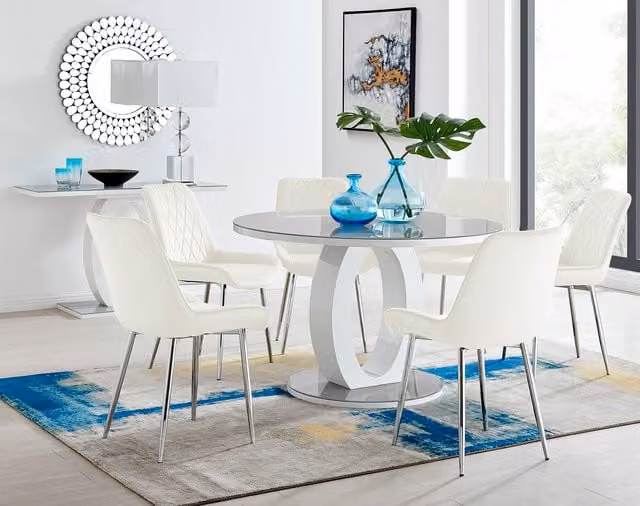 FurnitureboxUK Giovani Round Grey Glass Dining Table with 6 Cream Pesaro Silver Leg Chairs