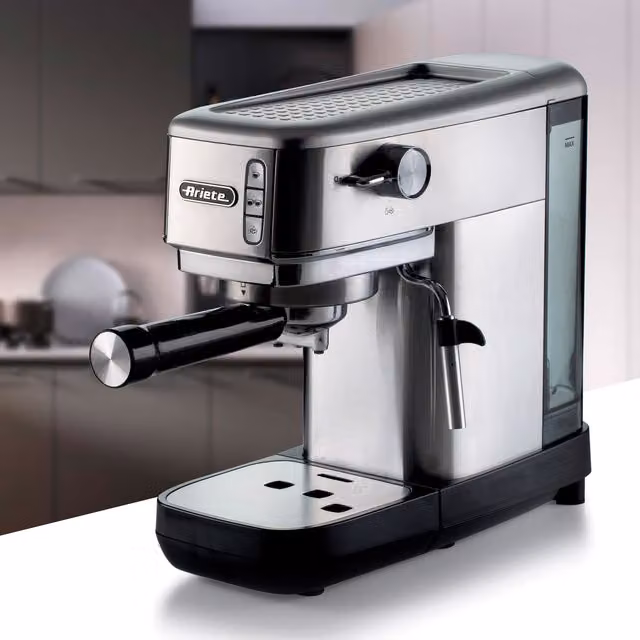 Ariete Slim Espresso Coffee Maker with Hot Water Function in Silver Stainless Steel