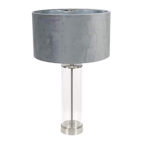 ValueLights Balan Table Lamp with Chrome and Glass Cylinder Base, Grey Fabric Shade and Warm White Bulb