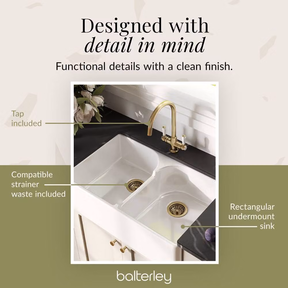 Balterley White Ceramic 2 Bowl Stepped Weir Butler Sink with Wastes and Tap, W: 79.5 cm – 4