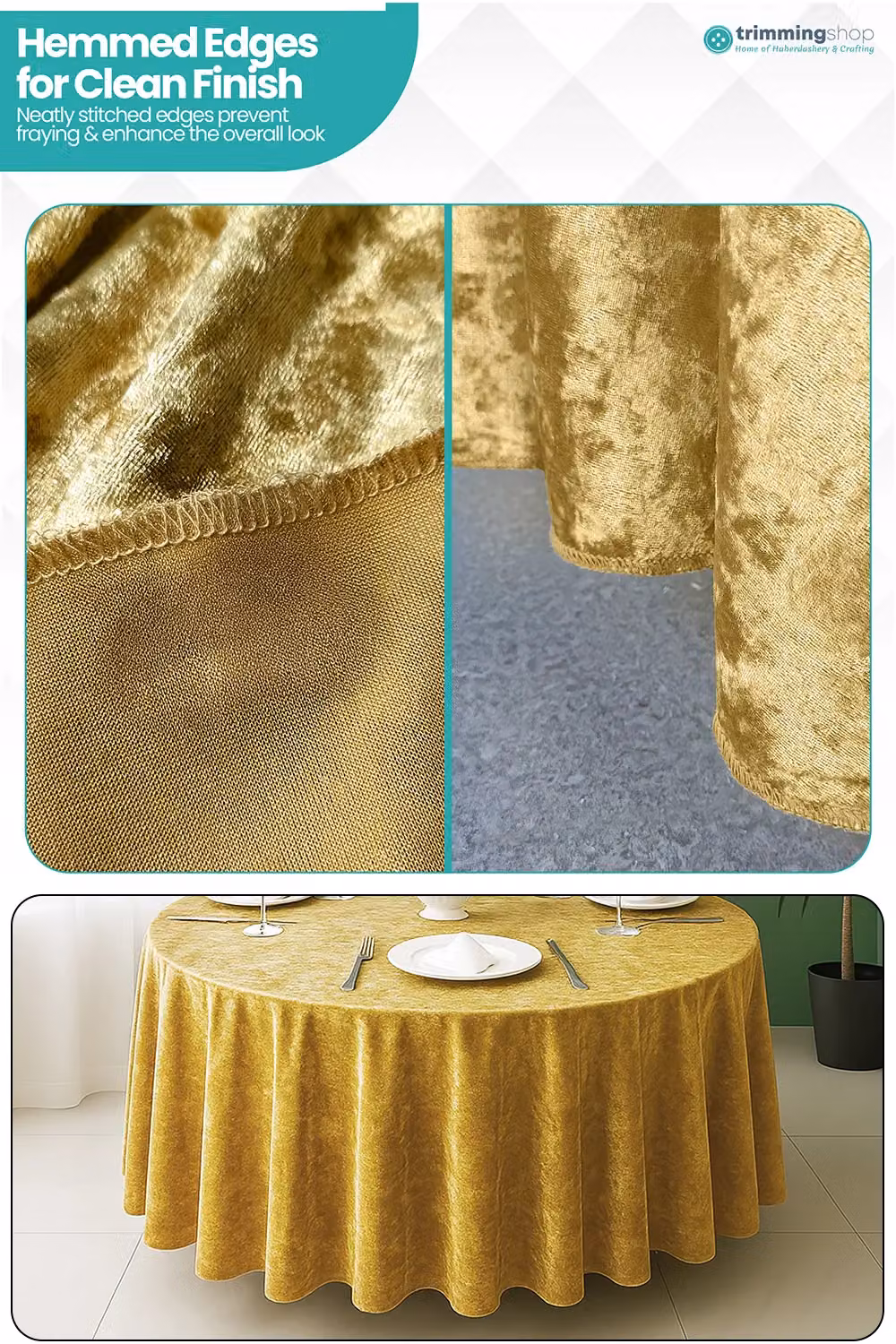 Neel Blue Diamond Velvet Round Tablecloth in Blue and Gold, Diameter: 304.8 cm – 3