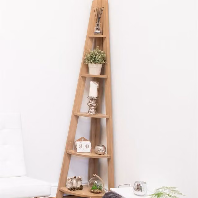 Timber Art Design Riva 5 Tier Scandinavian Retro Corner Ladder Bookcase in Light Oak