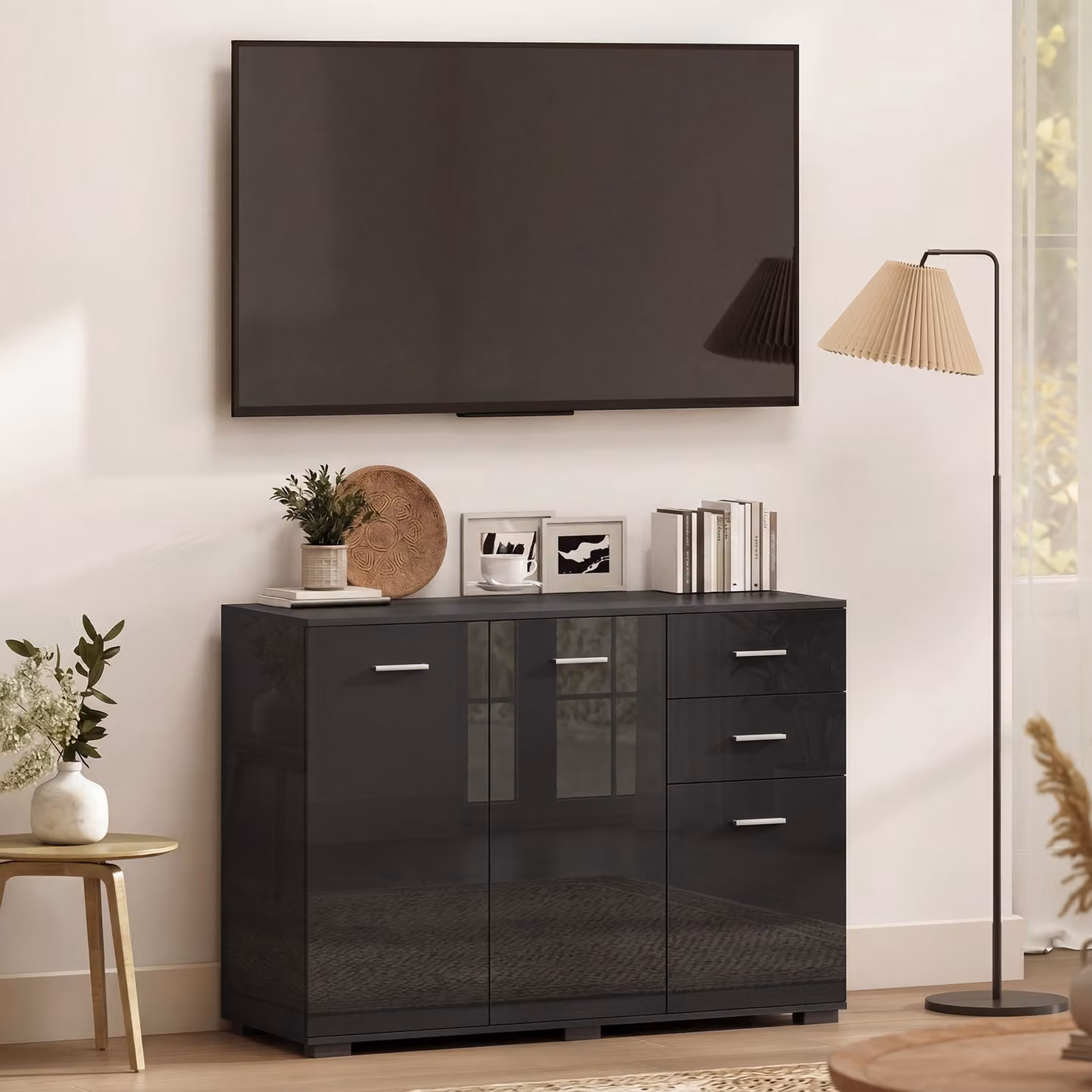 HOMCOM Modern High Gloss Black Sideboard with 2 Drawers, 3 Doors and Adjustable Shelves – 6