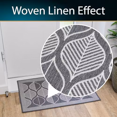 JVL Expression Machine Washable Non-Slip Entrance Doormat and Runner Set in Grey and White with Leaves Design – 3