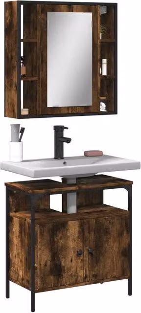 Berkfield Home 2 Piece Brown Smoked Oak Bathroom Furniture Set with Mirror Cabinet and Vanity Unit